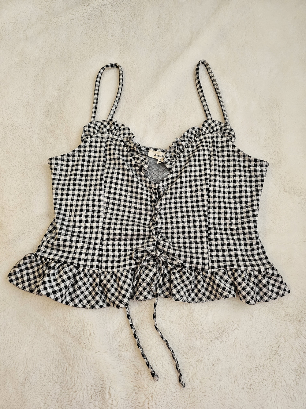 Blue Tassel Gingham Tie Front Top Size Large
